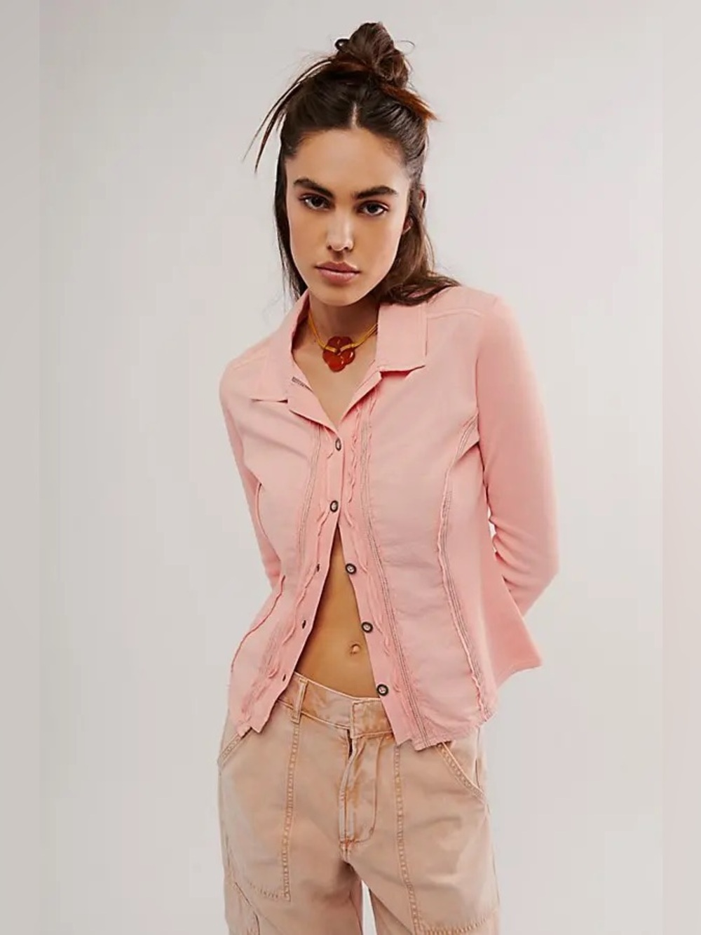 Free People We The Free Tiny Woven Top in Pink Button-Down Shirt size large